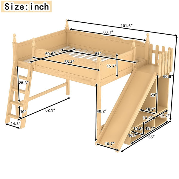 English Elm Queen Solid Pine Loft Bed with Wardrobe Shelves Detachable Slide and Dual Sleeping Zones Natural W5305S00027