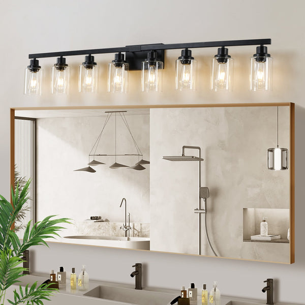English Elm 51" Black 8-Light Vanity Light with Clear Glass Shades, Modern Iron Bathroom Wall Fixture for Mirror and Dressing Room W2312P374793