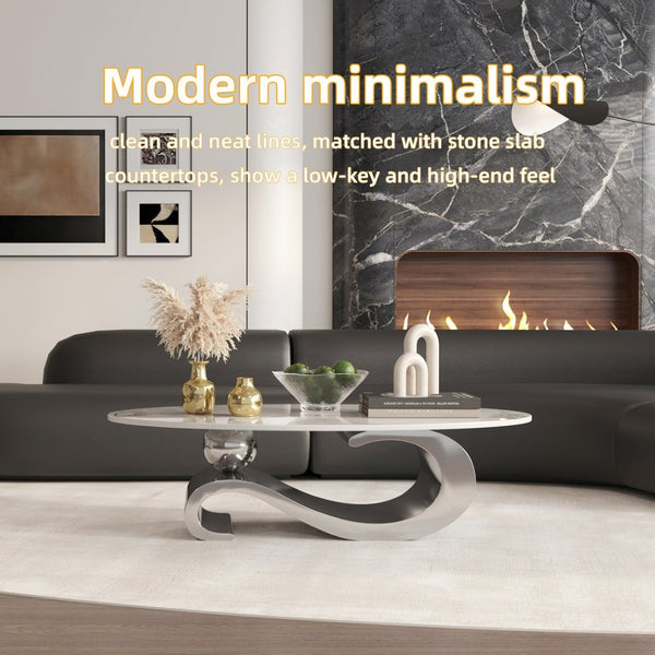 English Elm Silver Sintered Stone Top Coffee Table with Mirrored Steel Pedestal for Modern Living W3985S00018