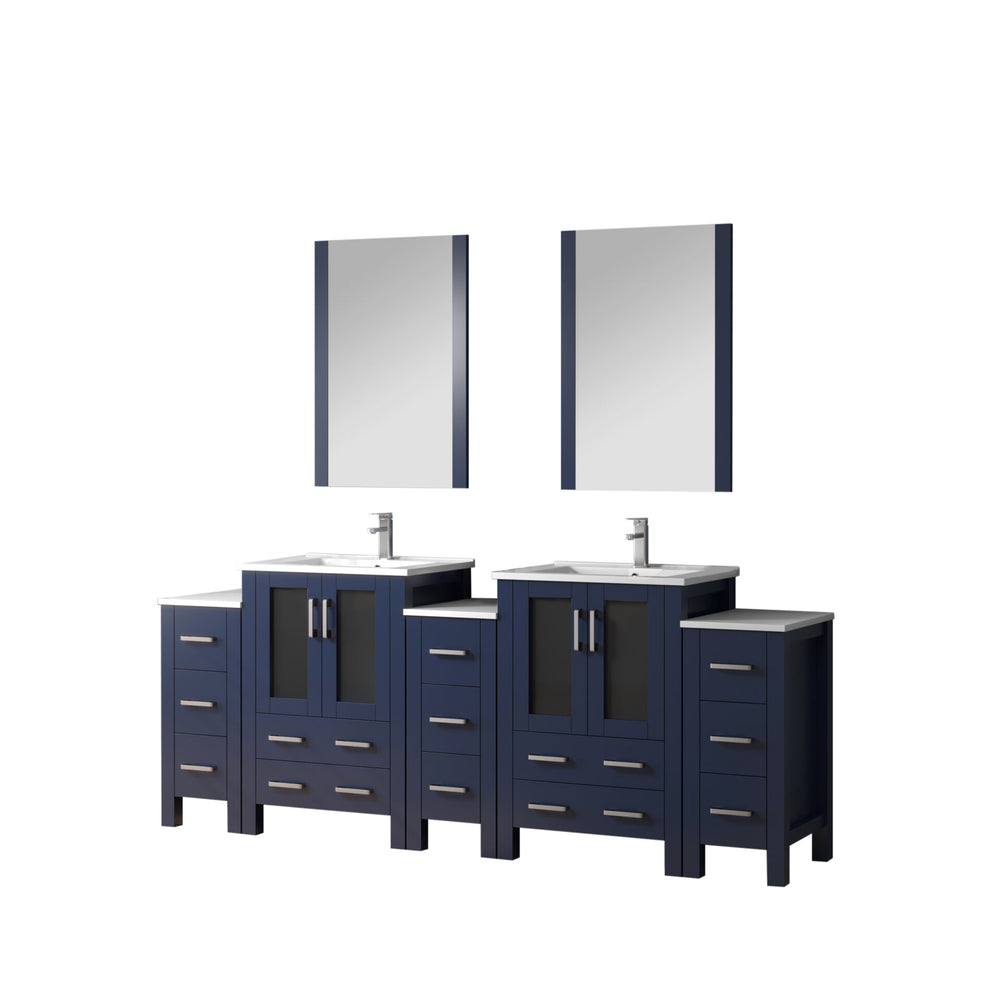 English Elm Navy Double Bath Vanity 84" W x 18.25" D with Side Cabinets, Soft-Close Drawers, White Ceramic Top and 22" Mirrors B2731S00602