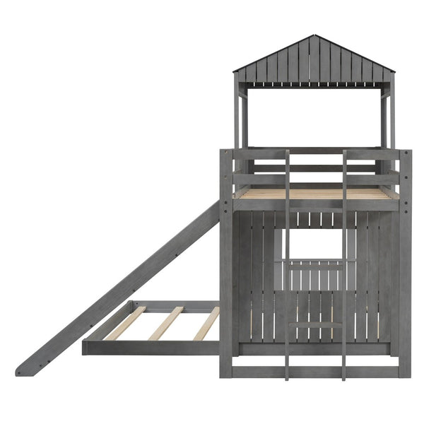 English Elm Wooden Twin Over Full Bunk Bed Farmhouse Playhouse Slide Pinewood Kids Loft LT000328AAE