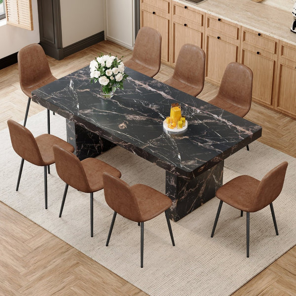 English Elm Table and Chair Set Seats Eight with Marble Pattern Mdf Top Brown Fabric Dining W1151S04098