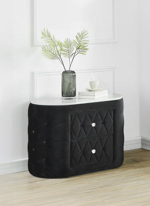 English Elm 1pc Black Velvet Nightstand with White Faux Marble Top, Button Tufted Oval Design, 2 Drawers, Crystal Pulls B2741P318961