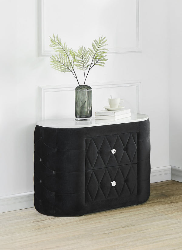 English Elm 1pc Black Velvet Nightstand with White Faux Marble Top, Button Tufted Oval Design, 2 Drawers, Crystal Pulls B2741P318961