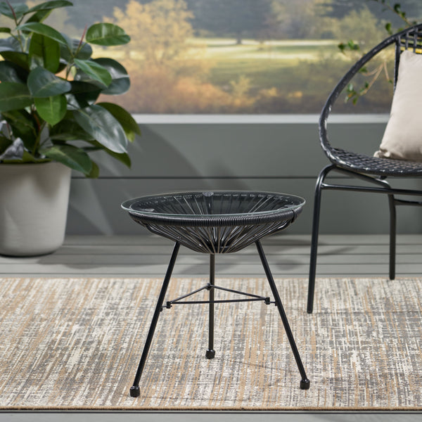 English Elm Christopher Knight Home® - NUSA Side Table with Tempered Glass Top and Handcrafted Rattan Base — Modern Outdoor Accent Table Black 66627.00BLK