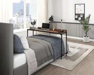 English Elm Rustic Overbed Desk with Adjustable 40-44" Height, Brown Faux Wood Top, Metal Caster Legs for Bedworking B011P244981