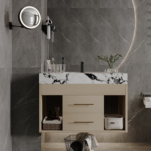 English Elm 29.9" Floating Bathroom Vanity Sintered Stone Top Soft Close Drawers Bronze Gold Hardware White+Black,Wood W3136S00035