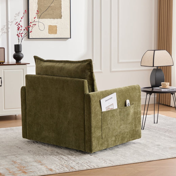 English Elm UNITED Swivel Barrel Chair with Chenille Upholstery, 360° Smooth Rotation, Padded Arm Comfort and Side Pockets for Living Room Relaxation Olive Green W1568P290086