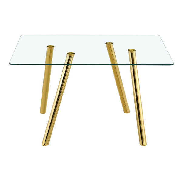 English Elm Tempered Glass Rectangular Dining Set Seats Six with Gold Metal Legs and White Chairs W3875S00047