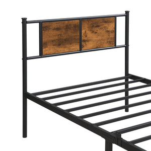 English Elm Twin XL Metal Bedframe with Wood Headboard Panel, Black/Brown, Sturdy Steel, 10.8" Storage Space W311P284654