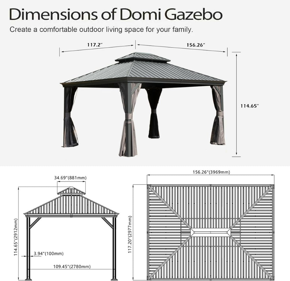 English Elm 13x13ft Hardtop Gazebo Galvanized Steel Vented Double Roof with Curtains Netting Patio Gray W1859S00199