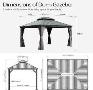 English Elm 13x13ft Hardtop Gazebo Galvanized Steel Vented Double Roof with Curtains Netting Patio Gray W1859S00199