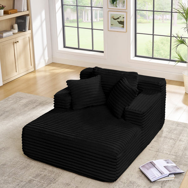 English Elm Living Compressed Chaise Lounge Foam Sofa Bed with Plush Corduroy Upholstery, Deep Seat Cloud Comfort Black W1413P298040