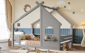 English Elm Twin House Bed Low Profile Pine Wood Frame with Shelf Montessori Kids Floor Sleeping Gray W5305P429646