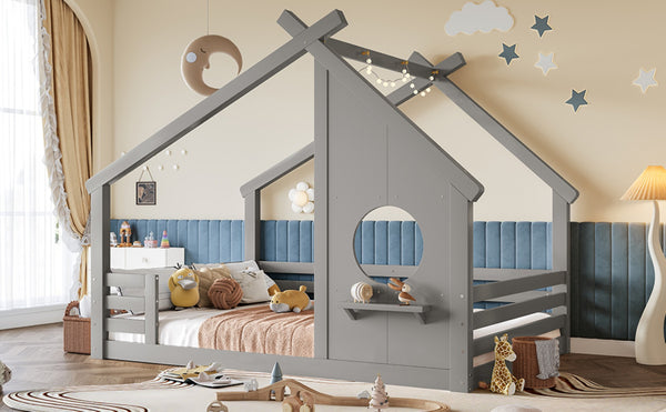 English Elm Twin House Bed Low Profile Pine Wood Frame with Shelf Montessori Kids Floor Sleeping Gray W5305P429646