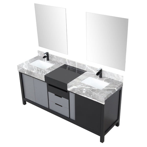 English Elm Black Double Bath Vanity 72" W With Castle Grey Marble Top, Matte Black Faucets & 28" Mirrors Set B2731S01158