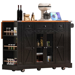 English Elm K&K 53" Farmhouse Kitchen Island with Drop Leaf, Tempered Glass Doors, Power Outlet, Rolling Cart Black N707P263637B