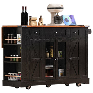 English Elm K&k Farmhouse Rolling Kitchen Island with Drop Leaf Tempered Glass Drawers and Power Outlet Black N707S263637B