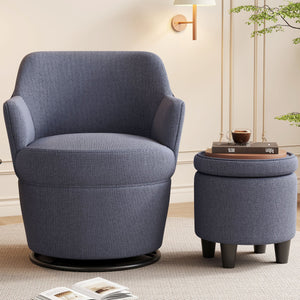 English Elm 360°Swivel Plush Accent Chair with Ottoman, Nail Trim, Storage Tray, Sturdy Metal Base, Cozy Seat Blue W2113P237039