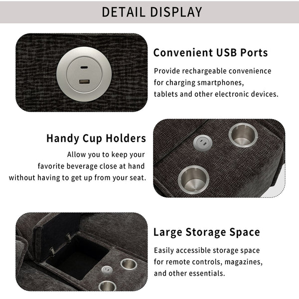 English Elm 111" Sectional Sofa Chenille Upholstered with Removable Ottoman, USB Ports, Cup Holders & Storage Box Grey N719S001480E