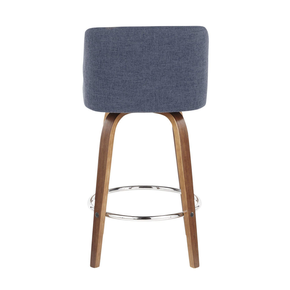 English Elm Toriano Mid-Century Modern Counter Stool Set of 2 with Padded Fabric Seat, Walnut Legs & Chrome Footrest Blue B202S00384