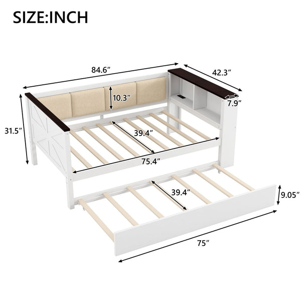 English Elm Twin Pine Wood Daybed with Trundle Upholstered Backrest Storage Shelf and Usb Port N7090002232K