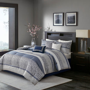 English Elm 7 Piece Jacquard Comforter Set Rhapsody Queen – Elegant Grey & Blue Stripe Design, Embroidered Pillows, Machine Washable Navy 23.62 L x 18.9 W x 16.14 H B03597213