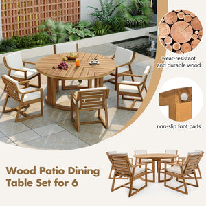 English Elm Trexm Outdoor Acacia Wood Round Dining Set Seats Six with Cushioned Chairs and Umbrella Hole Light Teak TM000027AAD