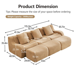 English Elm Three-Seat Modular Sofa with Plush Teddy Fabric, No Assembly, Ergonomic Curved Armrests & Non-Slip Base Camel W714S01434