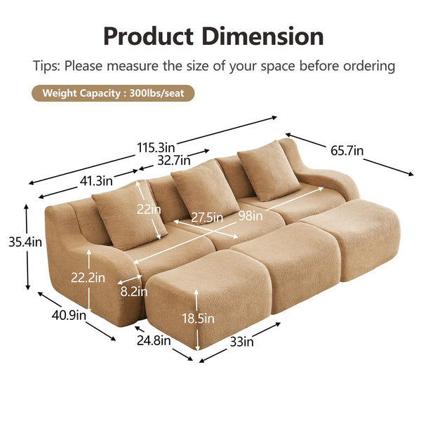 English Elm Three-Seat Modular Sofa with Plush Teddy Fabric, No Assembly, Ergonomic Curved Armrests & Non-Slip Base Camel W714S01434