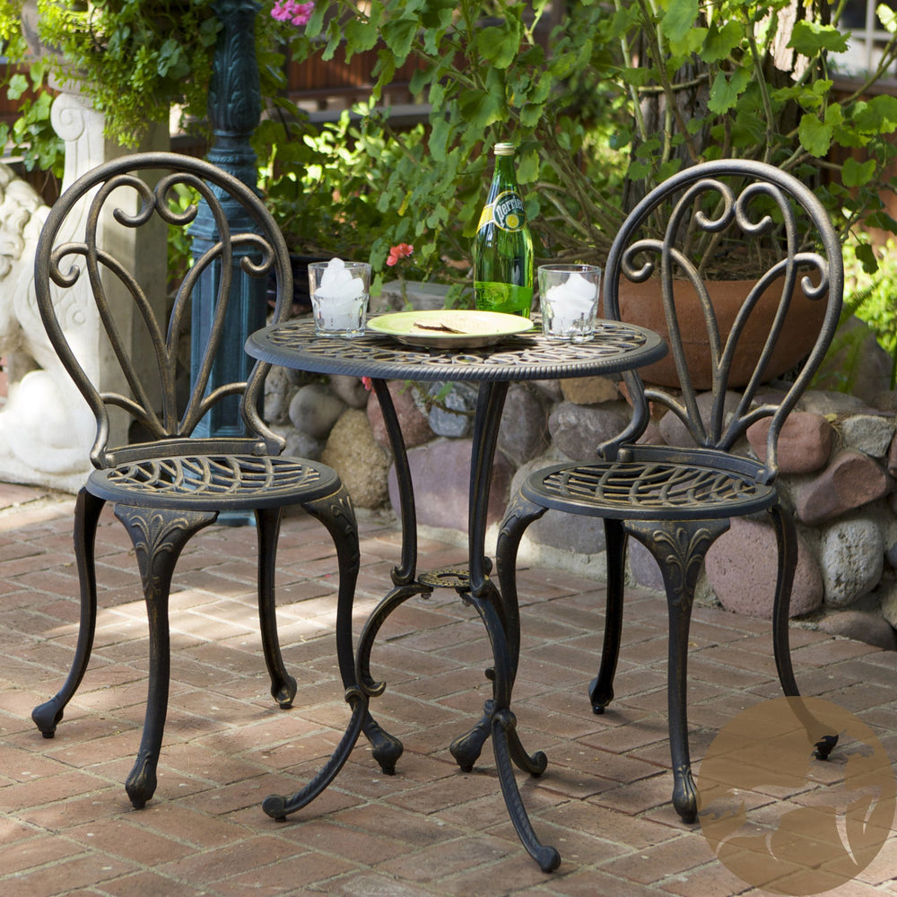 English Elm Christopher Knight Home® - THOMAS Cast 3PC Bistro Set Black+Gold – Elegant Floral Aluminum Patio Seating with Lattice Design, Durable Finish 50551.00