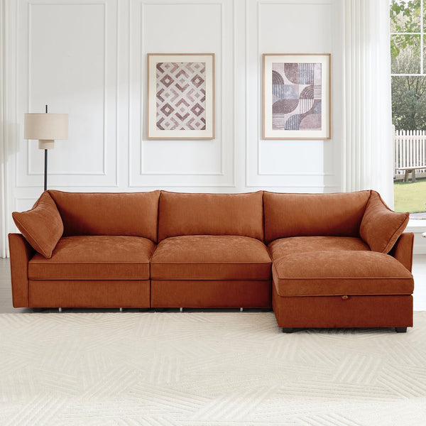 English Elm L-Shaped 3-Seater Sectional Sofa With Movable Ottoman, Chenille Orange, Smart Storage & Comfort W3041S00206