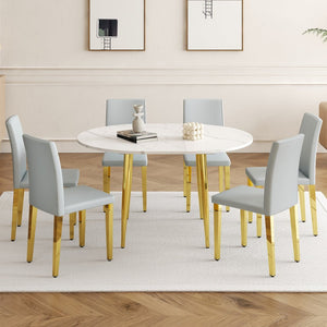 English Elm Table and Chair Set Extendable Mdf Round Oval Dining with 6 Gray Pu Seats W1151S04832