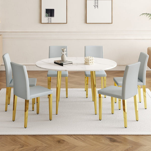 English Elm Table and Chair Set Extendable Mdf Round Oval Dining with 6 Gray Pu Seats W1151S04832