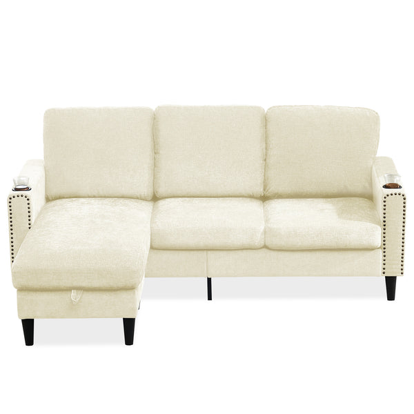 English Elm Modern Chenille 3-Seat L-Shape Sectional Sofa with Storage Chaise, High-Resilience Foam Comfort, Off-White Finish for Apartment Studio Living Room Office Compact Spaces W1164P212157