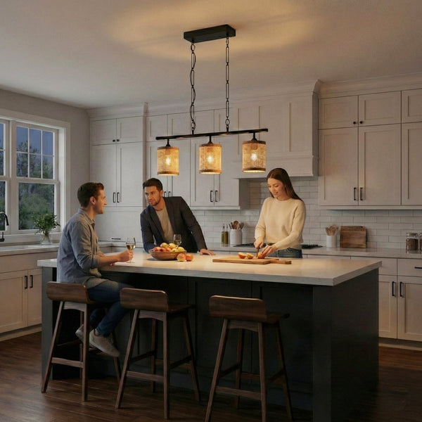 English Elm Elysian Three Light Rattan Pendant Farmhouse Kitchen Island Matte Black Chain Lamp B183P230906