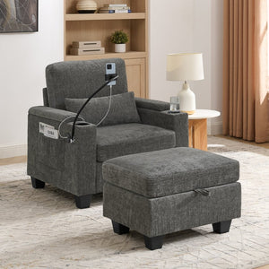 English Elm Single Chenille Manual Recliner with Usb Port Hidden Storage Ottoman and Cup Holders Gray W487P423648