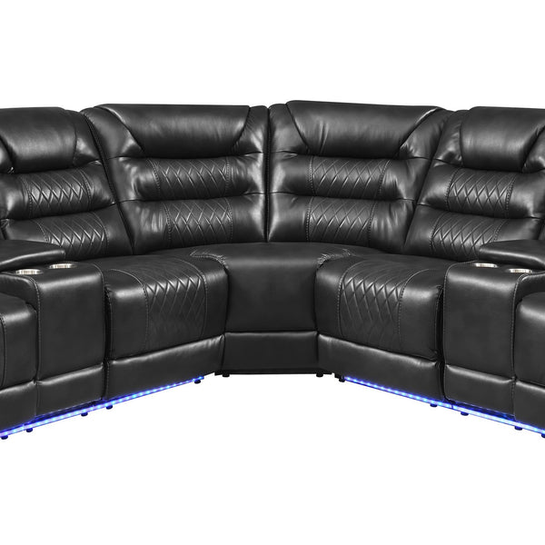 English Elm 113.5" Manual Reclining Sectional Sofa Set L-Shaped Symmetrical Motion Couch with LED Strip, 4 Cup Holders, Storage Boxes and Durable PU Leather Frame Black N719S001150B