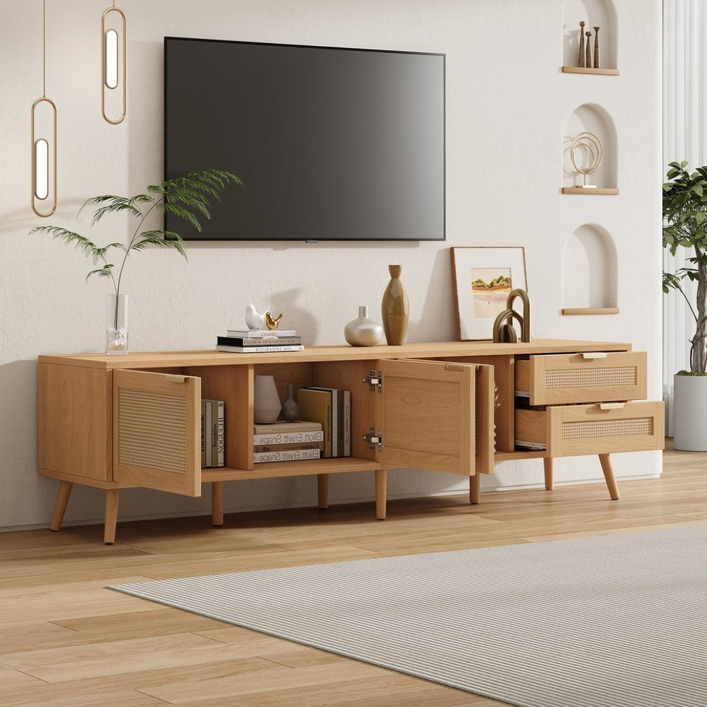English Elm 70inch Rattan Door Media Console with Pine Legs and Cable Management for Living Room N710P365047P