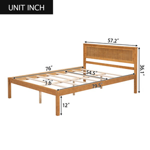 English Elm Platform Full Bed Frame with Headboard — Rustic-Modern Pine & MDF Slatted Support, No Box Spring Needed, Sturdy Oak WF212812AAN