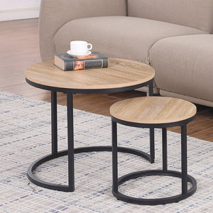 English Elm 24" Round Nesting Coffee Tables Natural Oak Mdf Top Metal Frame Modern Industrial Set W3151P412658