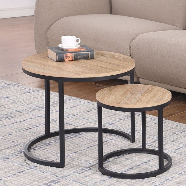 English Elm 24" Round Nesting Coffee Tables Natural Oak Mdf Top Metal Frame Modern Industrial Set W3151P412658