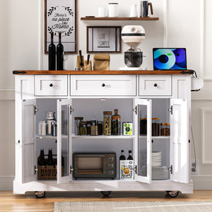 English Elm K&K 53" Farmhouse Kitchen Island with Drop Leaf, Tempered Glass Doors, Power Outlet, Rolling Cart White N707P263637W