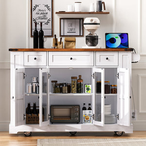 English Elm K&k Farmhouse Rolling Kitchen Island with Drop Leaf Tempered Glass Drawers and Power Outlet White N707S263637W
