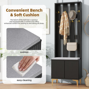 English Elm ON-TREND Modern Luxury Hall Tree with Cushioned Bench, Fluted Doors, 8 Gold Hooks & Adjustable Shelf Black N721P192814B