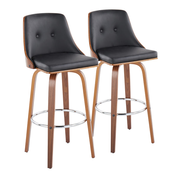 English Elm Gianna Mid-Century Barstool with Swivel, Walnut Wood Frame, Tufted Faux Leather Seat, Set of 2 Black B202S00583