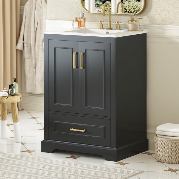 English Elm 24"Bathroom Modern Vanity with Ceramic Sink, Solid Wood Frame, Soft-Close Doors & Smart Storage System Black N729P321378B