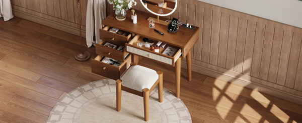 English Elm 39" Retro Bohemian Makeup Vanity Set with Rattan Drawers, USB Charging Port, Cushioned Stool, 4-Drawer Storage Walnut 44.1 L x 18.75 W x 10.5 H N733P180011D