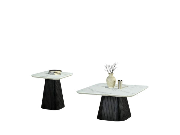 English Elm Contemporary 3-Piece Table Set: Square Coffee & End Tables With Faux Marble Top & Black Base Design B2741S00646