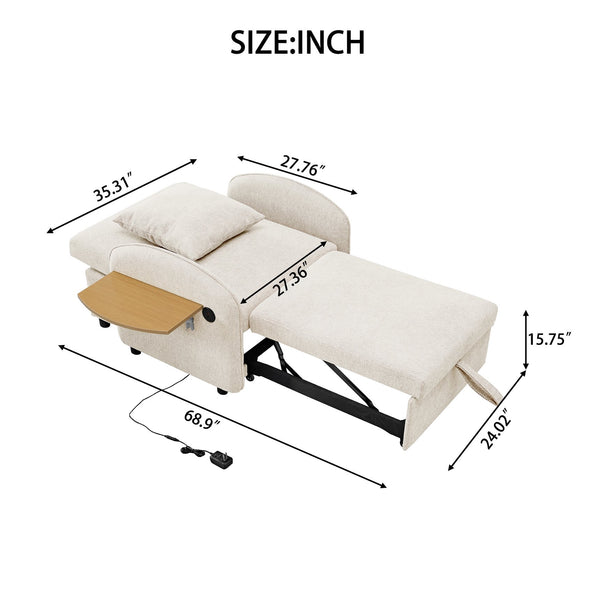 English Elm Convertible Single Chair Bed with Foldable Computer Desk, USB Charging, 3-in-1 Recliner to Bed Comfort Creamy White W2941P325528